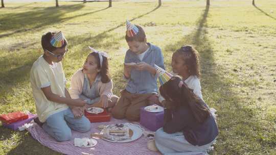 孩子们在公园里吃生日蛋糕