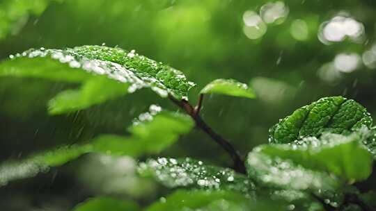 雨水雨滴落在绿色的树叶上