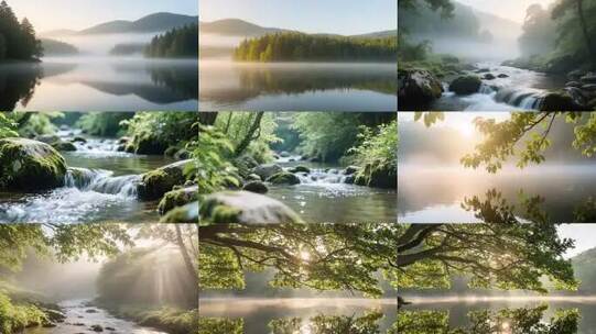 晨雾森林湖泊溪流自然风光高清在线视频素材下载