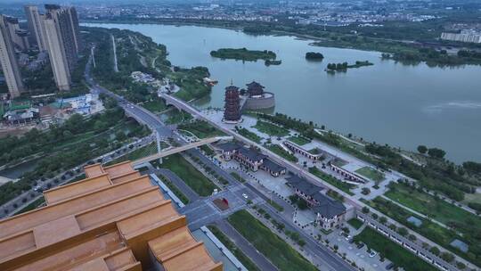 洛阳古建筑瀍壑朱樱塔航拍大运河博物馆地标视频素材模板下载