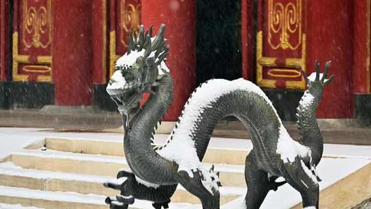 冬天大雪纷飞的北京颐和园古建筑铜龙雕塑