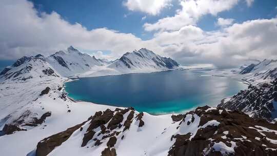 雪山环绕的蓝色湖泊全景