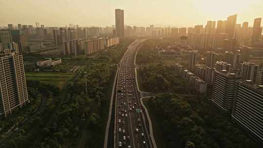 航拍杭州城市机场高架车流夕阳风光