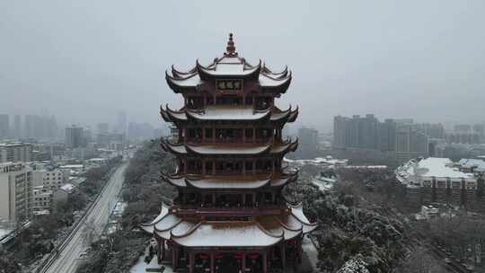 武汉武昌区黄鹤楼雪景航拍