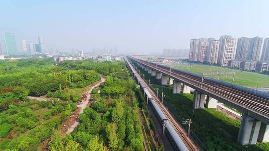 航拍杭州萧山开发区高速电气化铁路高架