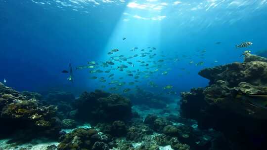 4k阳光透过海面大海里的鱼群海洋生物