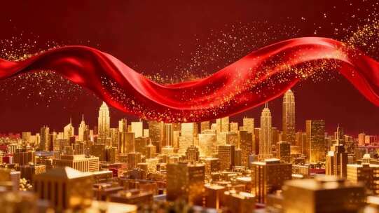 城市上空飘动的红色绸带素材