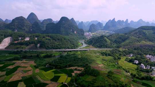 航拍中国广西最美高速桂林田园风光视频素材模板下载