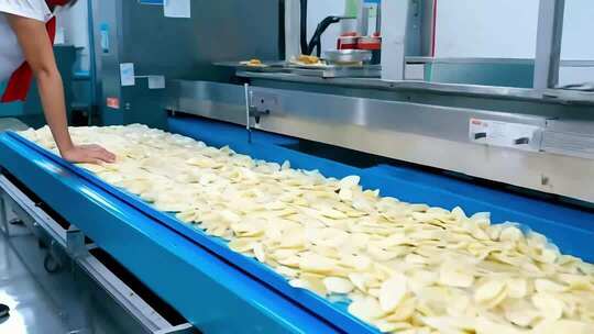 工人操作薯片生产流水线