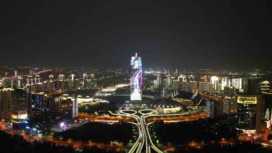 航拍河南郑州会展中心千玺广场夜景