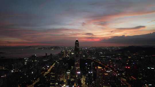 深圳市福田中心区平安日落夜景航拍