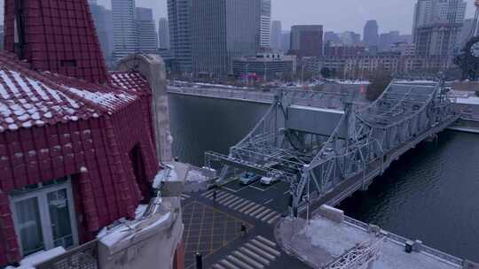 天津地标海河风景津湾广场雪景冬天大雪素材