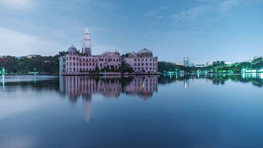 广州流花湖公园湖畔欧式古堡建筑夜景延时