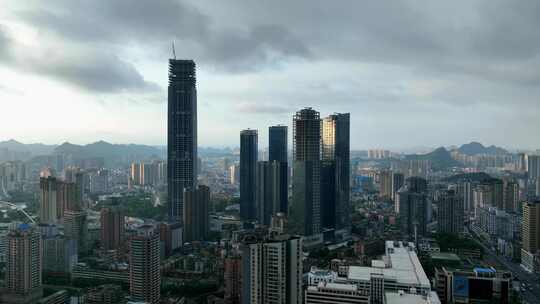 航拍清晨贵州贵阳城市中心高楼大厦城市风光