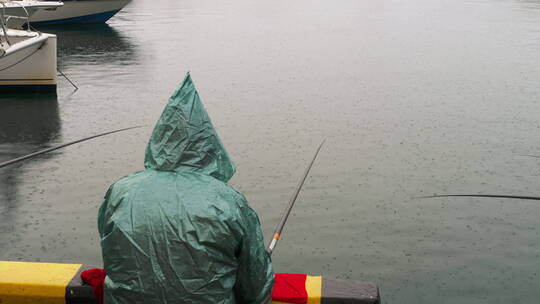 在雨中垂钓的渔夫