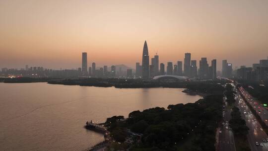 深圳南山区深圳湾日落晚霞夜景航拍