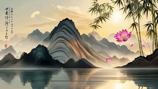 中式山水竹林荷花风景