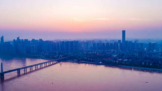 湖南长沙银盆岭大桥日出景点航拍延时摄影4K