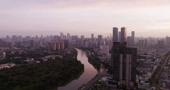 夏日黎明航拍成都市风景日出景观