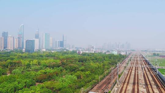 航拍杭州萧山开发区高速电气化铁路高架