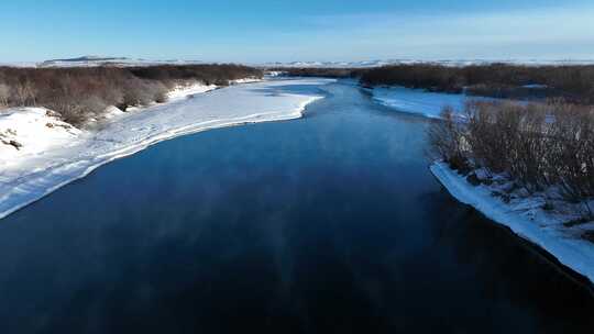 航拍呼伦贝尔河流湿地初春雪景
