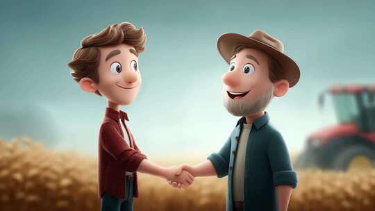 卡通农民握手达成合作协议