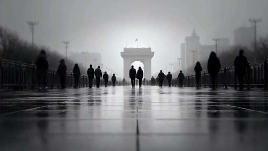 城市人群剪影走向凯旋门迎接崭新的一天