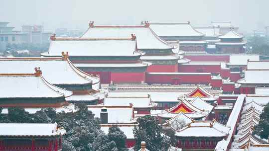 北京冬季下雪天故宫博物院古建筑群风光视频素材模板下载