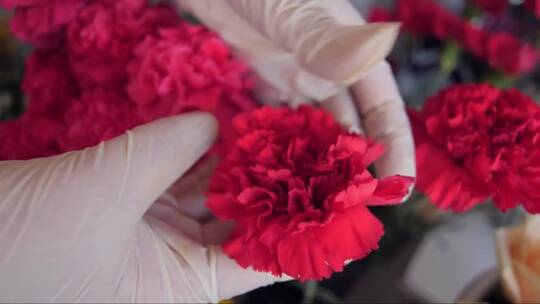 售货员在花店展示时尚的红色康乃馨
