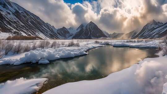 冬日雪山下的河流风景