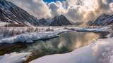 冬日雪山下的河流风景高清在线视频素材下载