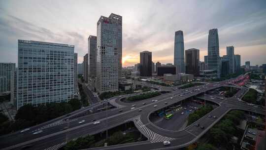 北京城市风光国贸桥日落车流