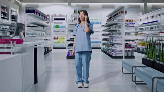 全身的亚洲女医生用听诊器在药房的智能手机