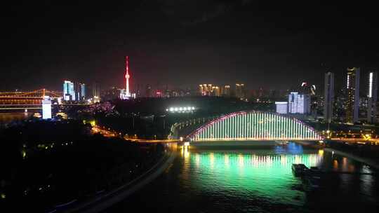 湖北武汉夜景武汉晴川桥夜景航拍