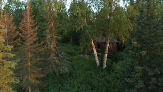 清晨日出湖边森林小屋航拍