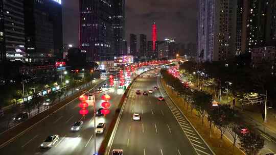 航拍深圳滨河大道新年灯笼氛围夜景车流