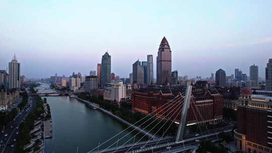 天津海河建筑风景线日落城市风光航拍