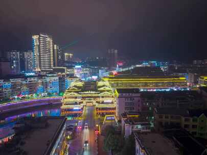 湖南怀化通道廊桥侗族风雨桥夜景延时航拍