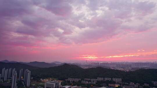 杭州萧山城市日落黄昏风景航拍