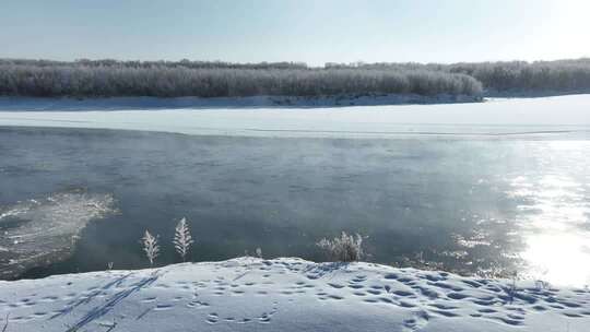 北方冬季河水冰凌流凌河面结冰