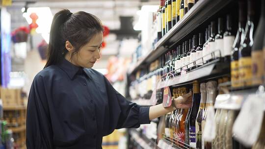 年轻女子推着购物车在现代商超购物