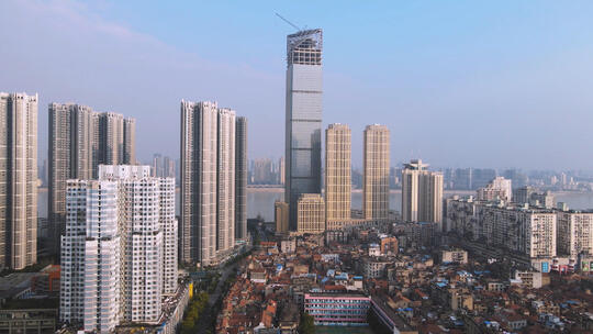 航拍武汉繁华地段江汉路商圈建筑街景