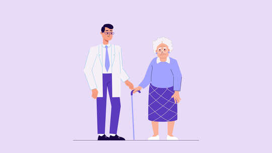 老年患者就诊医生，角色动画。治疗师与老年
