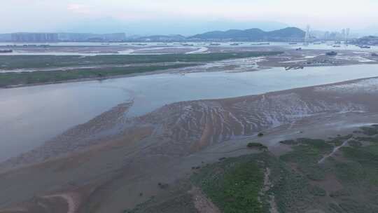 航拍闽江河口湿地小岛果园茉莉花田沙洲河汊