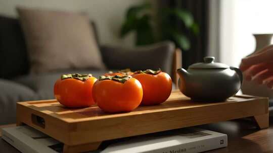 室内茶几上柿子与茶具画面