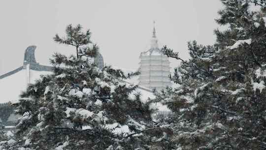 中国传统古塔与寺庙冬季雪景