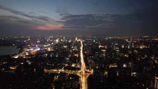 杭州城市夜幕降临夜景交通航拍