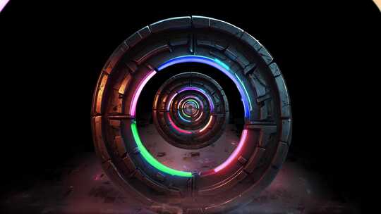 未来霓虹灯圈隧道动画背景。发光圆圈Tun