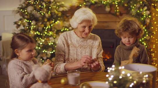 祖母和孙子孙女包装圣诞礼物视频素材模板下载