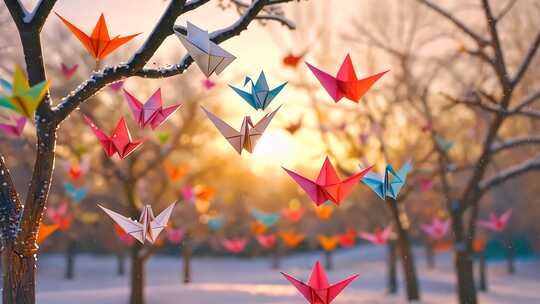 雪地千纸鹤 彩鹤夕阳新春祝福心愿飞翔轻盈